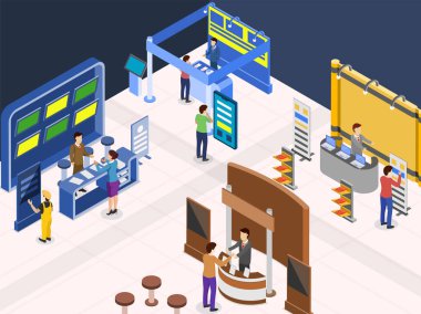 Yöneticiler/Reprenstatives ziyaretçilere açıklayan ile Expo kavramları. Muultiple standları.