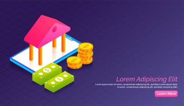 Açılış sayfası tasarımı, online bankacılık ve madeni para ile para yığını.