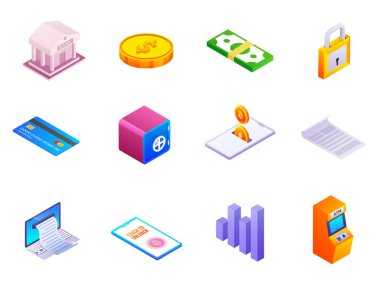 Finans Teknolojileri veya bankacılık izometrik öğeleri kümesi.