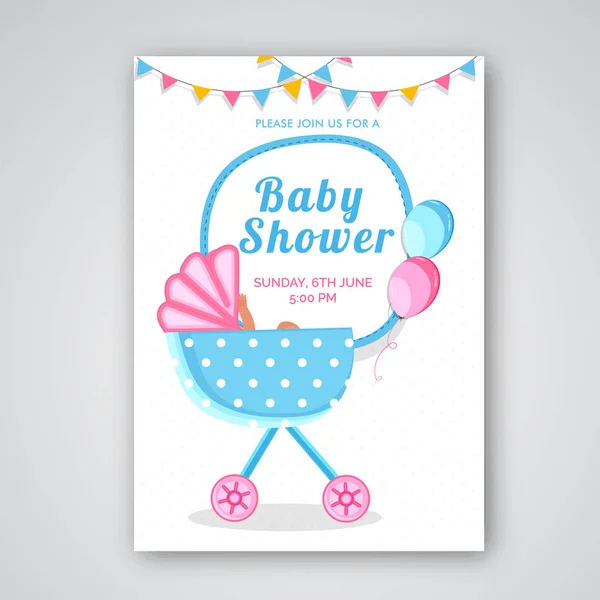 Baby Shower Invitation Template Baby Pram Balloons Bunting Flags Beautiful — Stock Vector