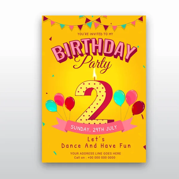 Plantilla Invitación Tarjeta Cumpleaños Con Número Dos Diseño Tarjeta Celebración — Vector de stock