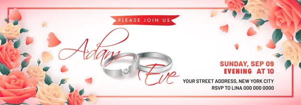 Design Banner Noivado Com Anéis Casamento Belas Rosas — Vetor de Stock
