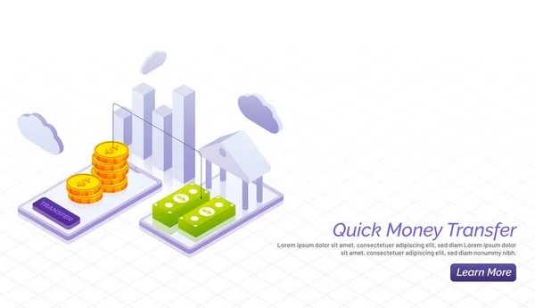 Snabb Online Pengar Överförings Smartphone Och Finansiella Diagram Landning Sida — Stock vektor