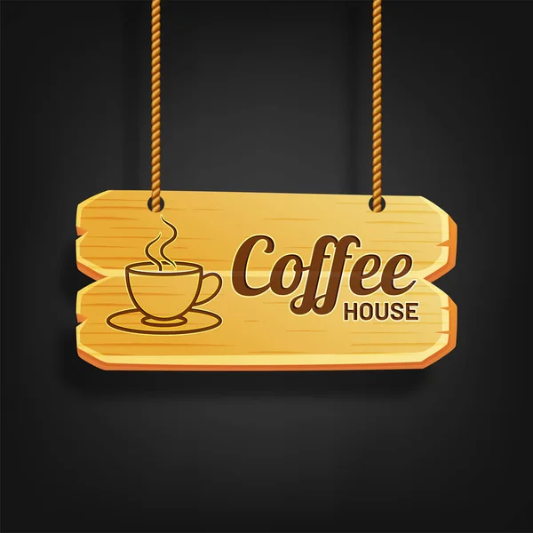 Hanging Coffee House Wooden Sign Board Illustration Hot Coffee Cup — Stock Vector