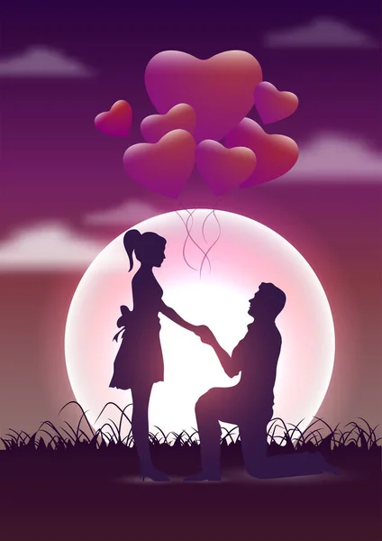 Young Boy Proposing Girl Heart Shaped Balloons Full Moon Night — Stock Vector
