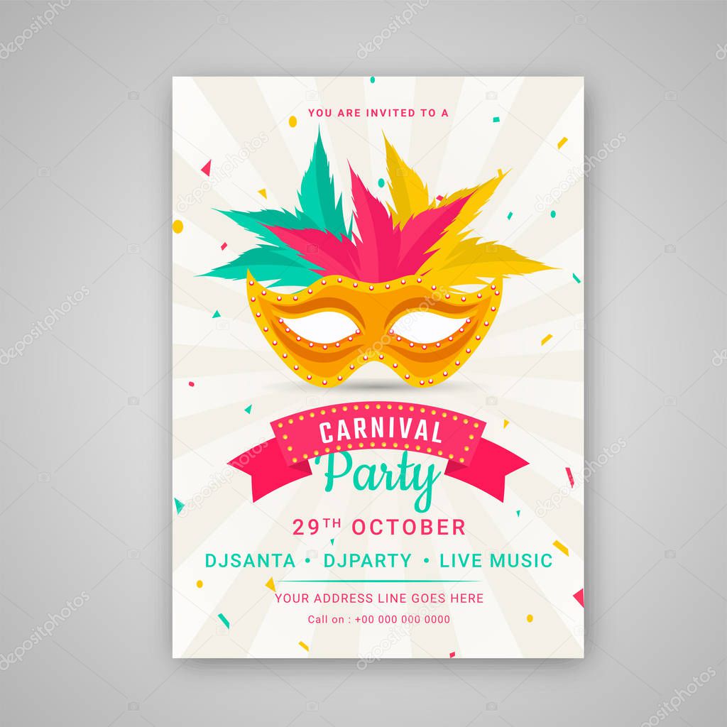 Happy carnival festive , invitation card with golden masquerade. 