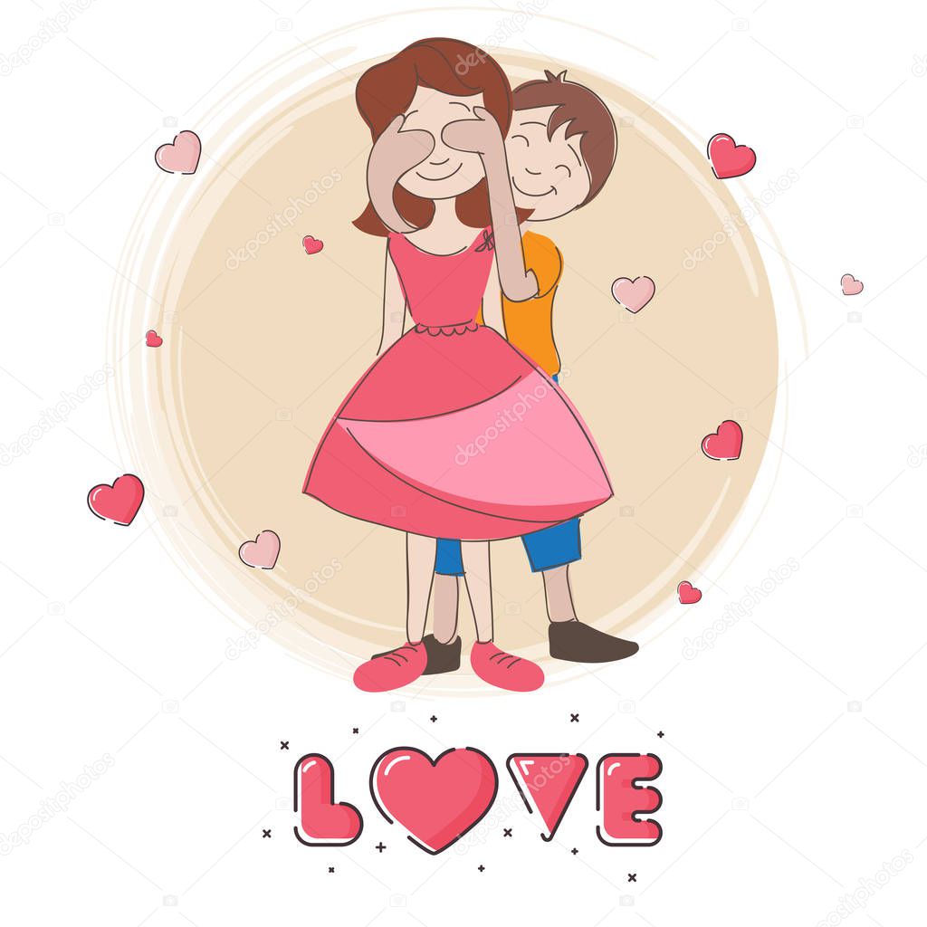 Boy covering girl eyes from his hands. Love greeting card design.