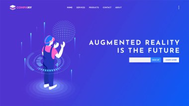 Vr gözlüklü adam karakteri sanal arabirim ile etkileşim. Augmented gerçeklik kavramı için başlık sayfası veya şablon tasarım Web sitesi.