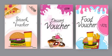 Stil indirim kuponları doodle veya set aperatifler, tatlılar ve yemek fast food restoranlar için fiş. 