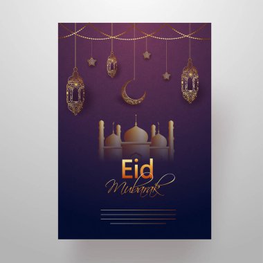 Mor Eid Mubarak kutlama kartı dekore edilmiş süs çiçek fener ile yıldız, hilal ve gri arka plan üzerinde Camii.