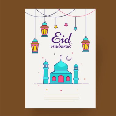 Beyaz Eid Mubarak greent kartı dekore renkli fener yıldız ve Camii kahverengi zemin üzerinde asılı.
