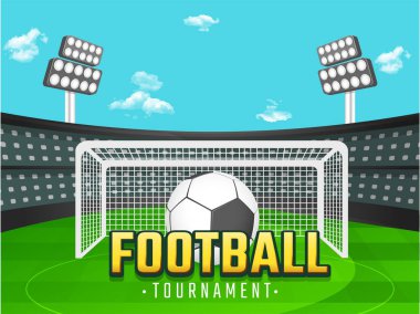 Futbol turnuva başlık sayfası veya poster tasarım futbol ve goalpost, bulutlu gün arka plan ile. Stadyum. 