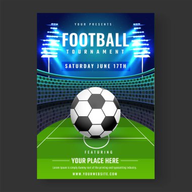 Futbol turnuva başlık sayfası veya el ilanı tasarımı ile futbol stadyumu arka plan üzerinde.
