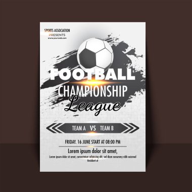 Futbol Şampiyonası Ligi tasarımlar Maç detayları ile el ilanı veya afiş. Siyah ve beyaz tasarım futbol ile.