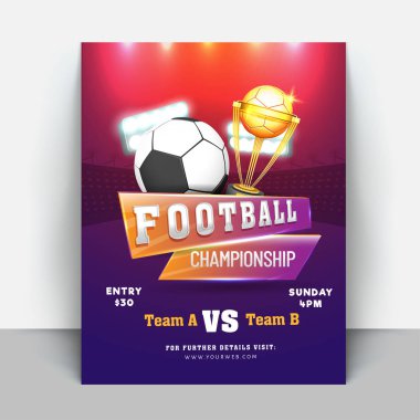 Futbol Şampiyonası el ilanı veya afiş tasarımları ile maç detayları ve futbol ile altın kupa.