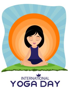 Uluslararası Yoga gün şablonu tasarım meditasyon duruş genç kızla. 