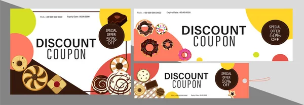 Discount Coupon Set Snacks Cookies Doughnuts Bakeries Pastries Stores — Stock Vector