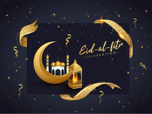Návrh Plakátu Oslavu Eid Fitr Zlatý Půlměsíc Mešita Osvětlené Lucernou — Stockový vektor