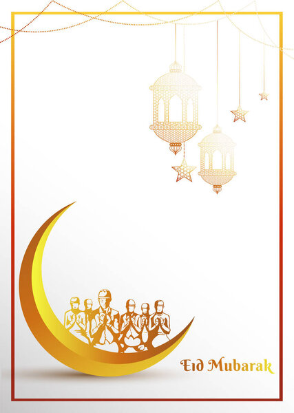 Muslim people praying on golden Crescent moon and hanging lantern on shiny white background for Eid festival. Creative design for Eid Mubarak celebration.