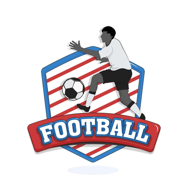 足球运动员踢足球与时尚的文字在获奖盾 横幅或海报设计 — 图库矢量图片