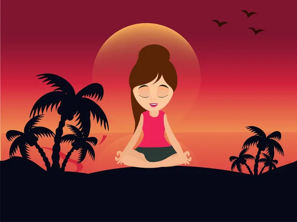 Junges Mädchen Meditationshaltung Natürlicher Hintergrund Des Sonnenuntergangs — Stockvektor