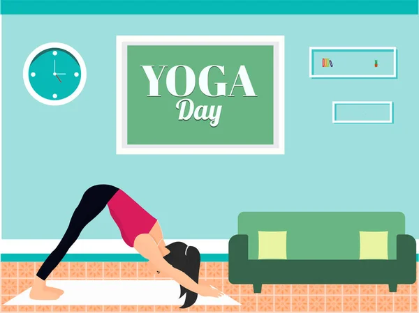 Giovane Signora Posa Yoga Sfondo Interno Concetto Giornata Yoga — Vettoriale Stock
