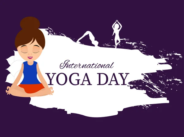 Internationaler Yogatag Mit Jungen Mädchen Meditationspose Und Weißer Silhouette Anderer — Stockvektor