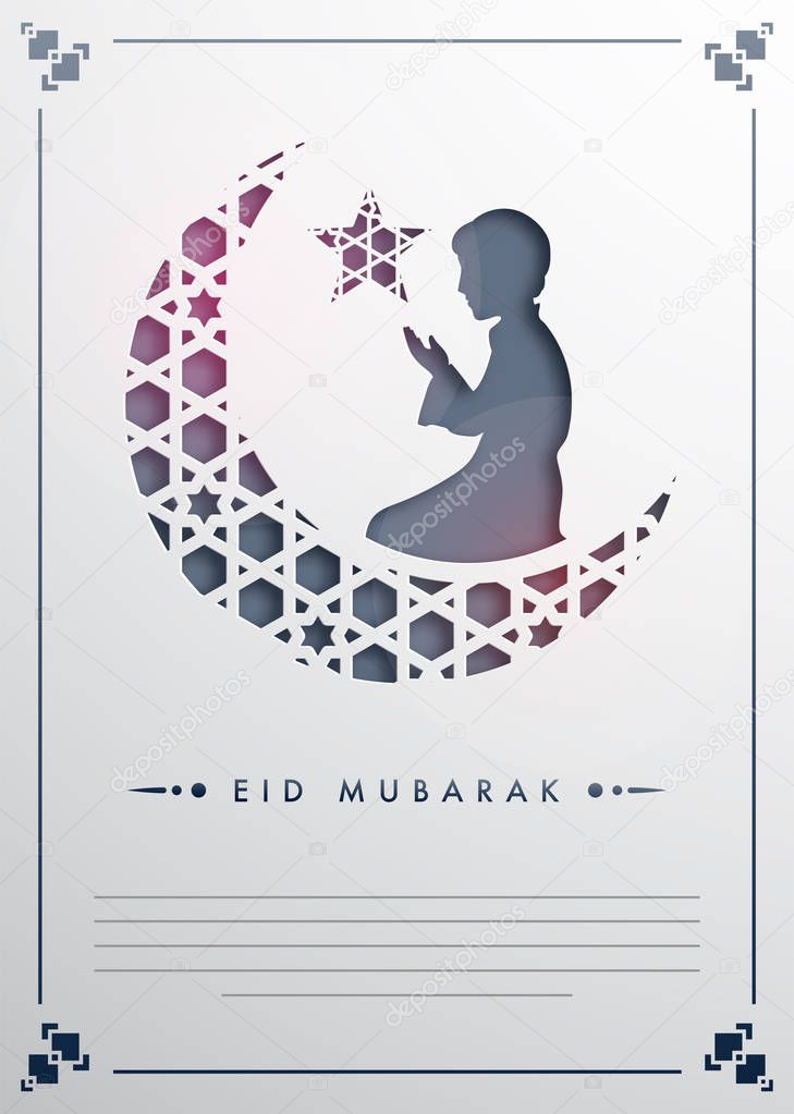 Muslim boy praying on abatract floral moon and star in paper cut style on shiny white background for Eid Mubarak festival.