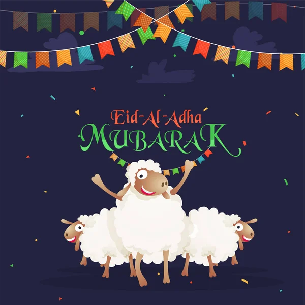 Ευτυχείς Πρόβατα Και Bunting Σημαίες Στα Κομφετί Μπλε Φόντο Eid — Διανυσματικό Αρχείο