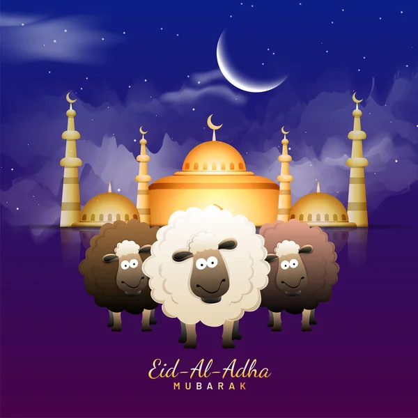 Eid Adha Festival Islámico Sacrificio Con Ilustración Ovejas Felices Mezquita — Vector de stock