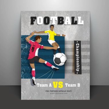 Futbolcular karakter, Maç detayları ve metin futbol gri dokulu arka plan üzerinde poster veya el ilanı tasarımı.
