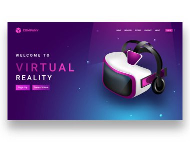 Açılış sayfası sanal gerçeklik kavramı için parlak parlayan arka plan üzerinde Vr kutusunun veya gözlük izometrik görünümü.