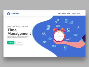 Zaman yönetimi kavramı ile belirli bir zaman dilimi içinde yapmak için birden çok görevi gerçekleştirmek için çalar saat tutan bir el. Duyarlı açılış sayfası tasarımı.