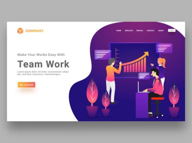 Kahraman başlık sayfası veya Web sitesi şablonu tasarım iş insanlar deffining büyüme istatistiksel grafikle birlikte ekip çalışması kavramı için.