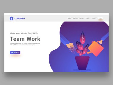 Açılış sayfası takım iş kavramı için tohum ve bitki sulama mor zemin üzerine bitki büyüyen vektör çizim. 