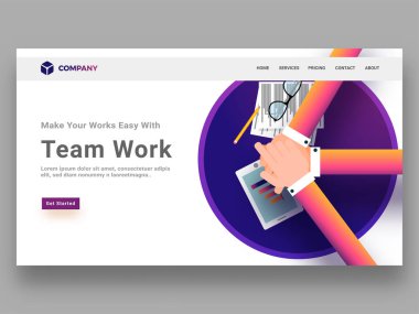 Kahraman başlık sayfası veya Web sitesi şablonu tasarım en iyi manzaralı 3 işadamı veya iş arkadaşlarınızla birlikte takım iş kavramı için el katılmadan.