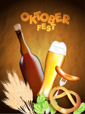 Oktoberfest posteri veya başlığı tasarım, kokteyl cam, parlak kahverengi doku zemin üzerine çatal, simit, atlama ve buğday tahıl ile sosis.