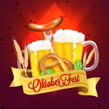 Oktoberfest posteri veya başlığı tasarım, iki bira bardağı, parlak ışıklar doku zemin üzerine çatal, simit, atlama ve buğday tahıl ile sosis.