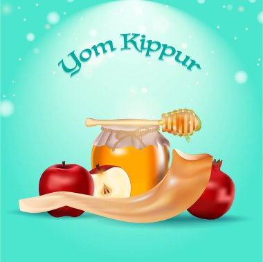Yom Kippur banner or poster design, apple slice, pomegranate, dripper with honey jar and shofar horn on glossy blue blur background clipart