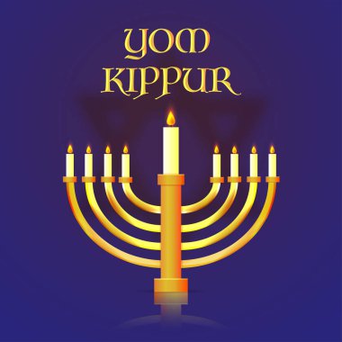 Yom Kippur başlık sayfası veya poster tasarımı, yedi Kollu Şamdan mumlar yanan üzerinde mavi arka plan ile.