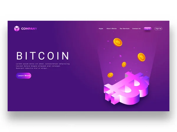 Raios Digitais Provenientes Símbolo Bitcoin Fundo Roxo Página Inicial Responsiva — Vetor de Stock