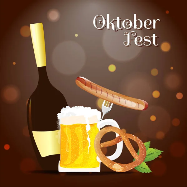 Banner Oktoberfest Diseño Póster Taza Cerveza Botella Salchicha Con Tenedor — Vector de stock