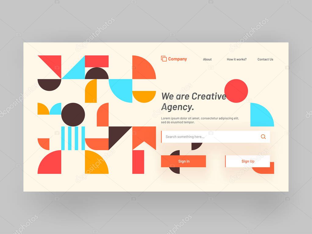 Responsive landing page or hero banner design with geometrical abstract elements for creative agency concept.