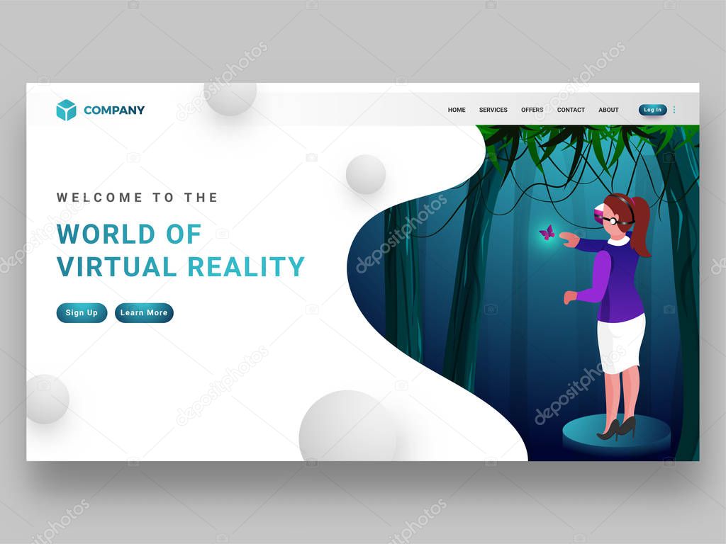Responsive landing page design with a girl interacting imaginary world through VR glasses for Virtual reality concept.