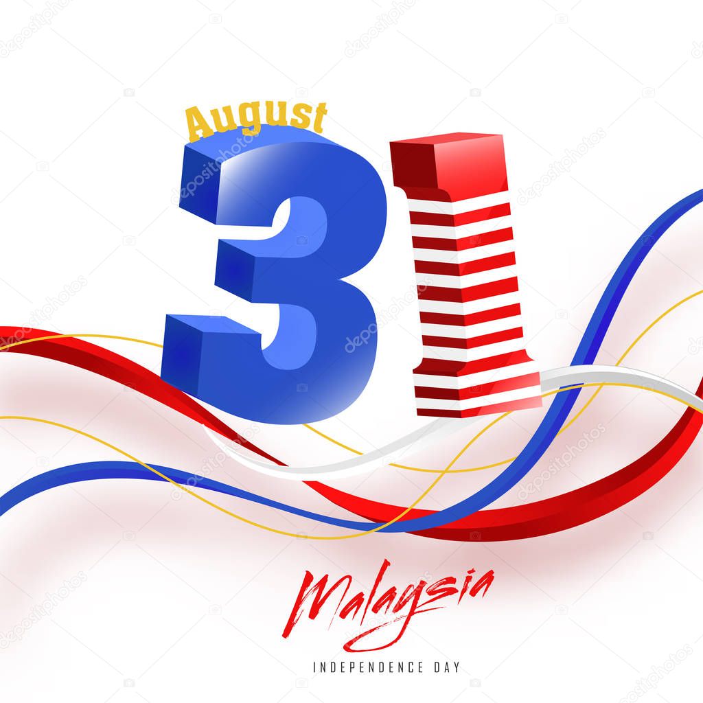3d glossy text 31st August with waves in Malaysian flag colors background. Independence Day Concept.