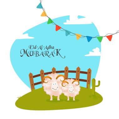Sheep on green field and colorful bunting flags on nature background. Eid-Al-Adha Mubarak, Islamic festival of sacrifice celebration greeting card design. clipart