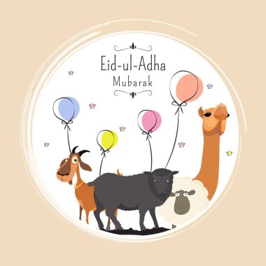 Eid-Ul-Adha, Islamic festival of sacrifice with illustration of sheep, goat and camel, and line-art illustration of balloons background. clipart
