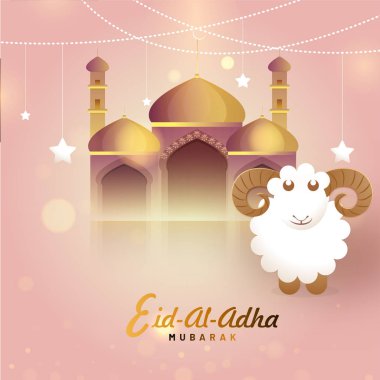 Kurban, bir altın Camii, koyun ve asılı yıldız-kurban bayramı tebrik kartı tasarımı İslam Festivali. 