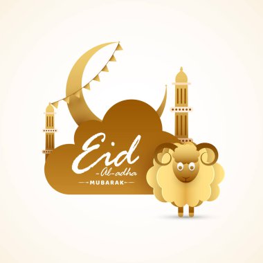 Islamic festival of sacrifice,  Eid-Al-Adha concept with golden paper art elements of sheep, crescent moon, mosque and cloud on white background. clipart
