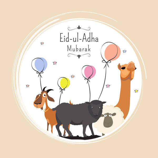 Ид-Ул-Адха, исламский праздник жертвоприношения с иллюстрацией овец, коз и верблюдов, и линейное искусство иллюстрации воздушных шаров фон
.